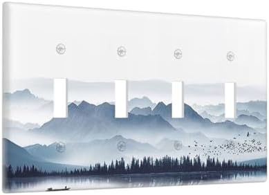 Light Switch Covers Mountain Foggy Lake Boat Grey Blue Forest Birds Quad Toggle - Image 2