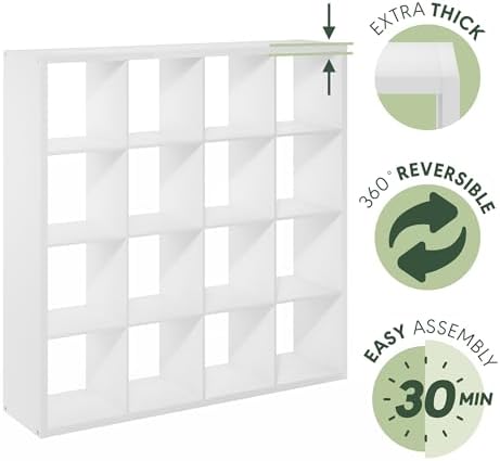 Furinno Cubicle 16-Cube Thick Frame Book Shelf, Open Back, Plain White - Image 5