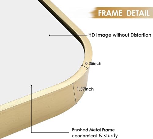 30x36 Inch Gold Bathroom Mirror, Brushed Brass Gold Metal Framed Rectangular - Image 4