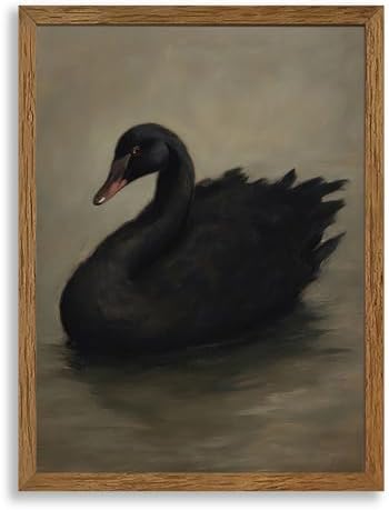 AVECCO Vintage Elegant Black Swan on Water Wall Art Canvas Framed 12x16 in by Unknown