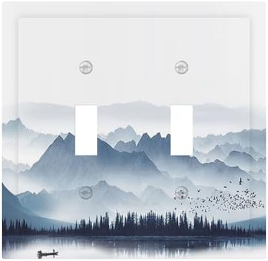 Decorative Switch Plates Mountain Foggy Lake Boat Grey Blue Forest Birds 2 Gang by Lightswitchcovers