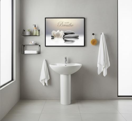 Framed-Zen White Lotus Wall Art, Just Breathe Bathroom Decor - Image 2
