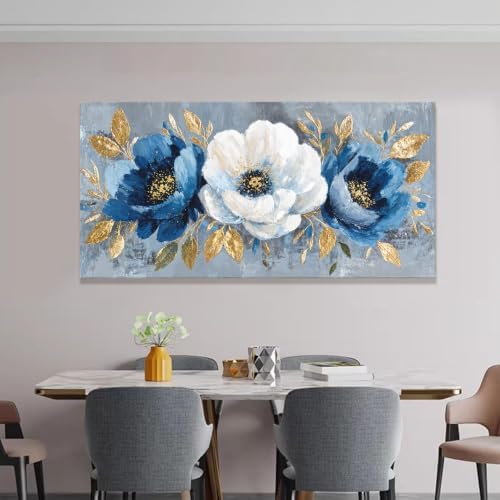 Large Blue White Floral Canvas Wall Art Decor - Image 2