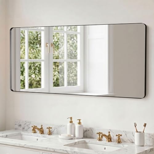 Kosmonia 60x28 inch Black Bathroom Mirror Metal Framed Rounded Rectangle - Image 3
