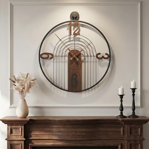 Cuspin 24 Inch Wall Clock for Living Room Decor, Modern Walnut Black Metal - Image 3