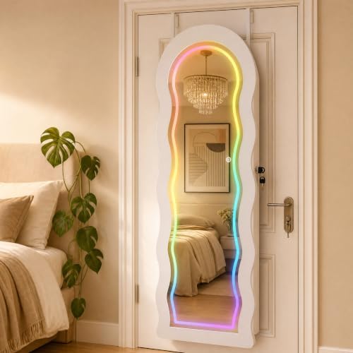 Fiqevs Wall/Door Mirror Jewelry Cabinet, Remote Control RGB Light Mirror - Image 6