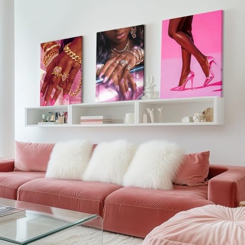 Pink Fashion Black Girl Canvas Wall Art Set of 3 African American Black Woman - Image 4