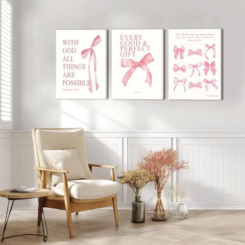 3 Pcs Coquette Pink Bow Canvas Wall Art Inspirational Bible Verses Bow Posters - Image 7