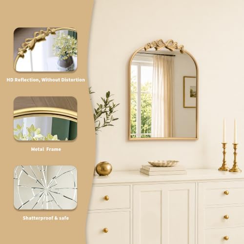 Besdomus Bow Arched Gold Mirror: 22"x30" Gold Antique Vanity Wall Mounted Mirror - Image 4