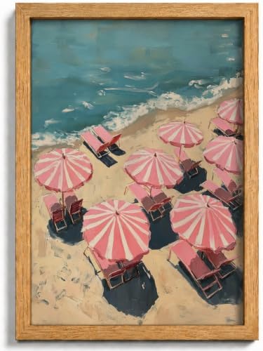 Framed Pink Beach Umbrella Canvas Wall Art, Coastal Umbrellas Wall Decor by HJYQLN