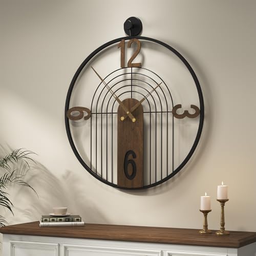 Cuspin 24 Inch Wall Clock for Living Room Decor, Modern Walnut Black Metal - Image 2