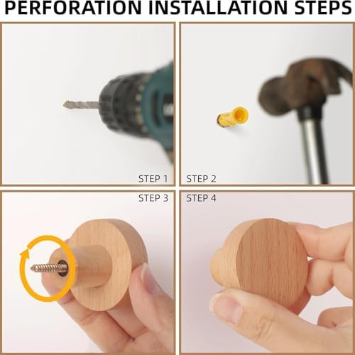 4 Pack Wood Wall Hooks Round Wooden Coat Hooks Adhesive Hooks Heavy Duty - Image 4