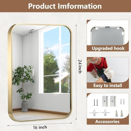 16x24 Inch Gold Bathroom Mirror, Brushed Brass Gold Metal Framed Rectangular - Image 5