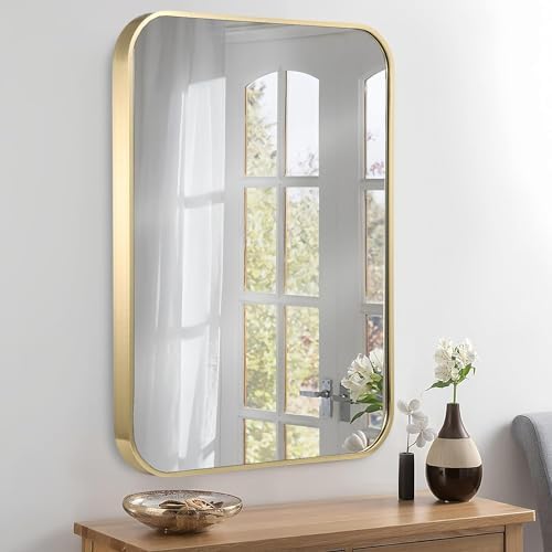 16x24 Inch Gold Bathroom Mirror, Brushed Brass Gold Metal Framed Rectangular - Image 2