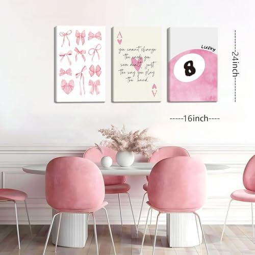 Trendy Pink Bows Canvas Wall Art Set of 3, Vintage Preppy Lucky 8 Ball Wall - Image 3