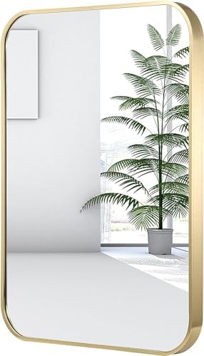 16x24 Inch Gold Bathroom Mirror, Brushed Brass Gold Metal Framed Rectangular by JENBELY