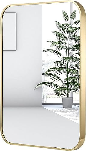 26x38 Inch Gold Bathroom Mirror, Brushed Brass Gold Metal Framed Rectangular by JENBELY