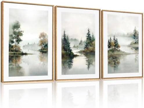 Large Foggy Forest Landscape Framed Canvas Wall Art Set, Natural Lake Scenery by Unknown