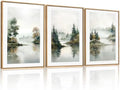 Large Foggy Forest Landscape Framed Canvas Wall Art Set, Natural Lake Scenery by Unknown