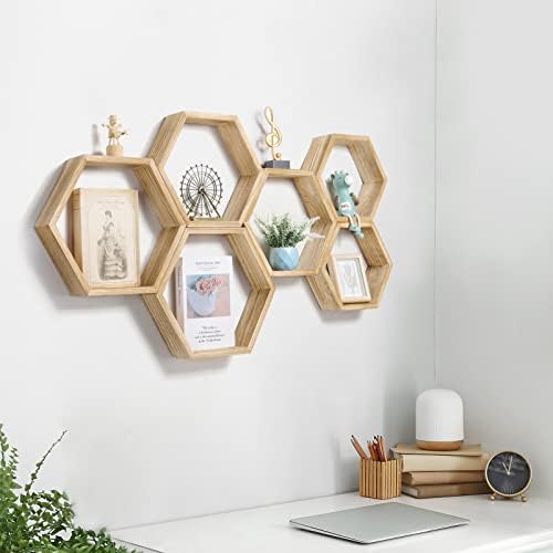 Hexagon Floating Shelves Set of 6, Honeycomb Wall Shelf, Light Brown - Image 2