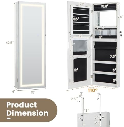 CHARMAID LED Mirror Jewelry Cabinet, Lockable Jewelry Armoire - Image 7