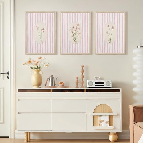 Pink Flower Wall Art Striped Floral Prints Botanical Canvas Wall Decor - Image 6