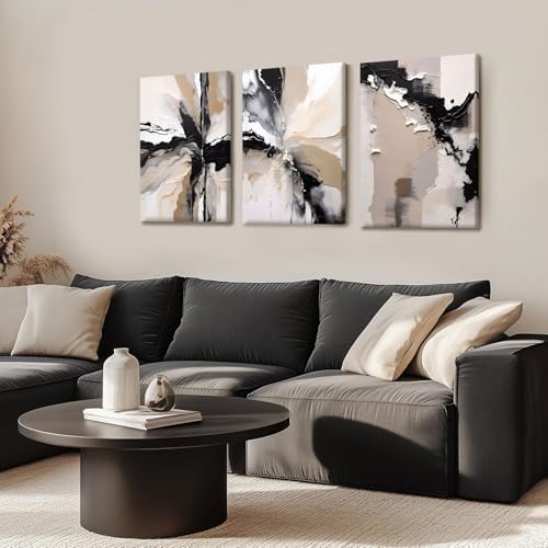 NCCXNCC 3-Piece Black and Beige Abstract Canvas Wall Art, 12x16 Inch Framed - Image 2