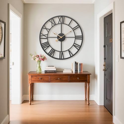 24 Inch Black Modern Metal Roman Numerals Large Wall Clock - Image 6