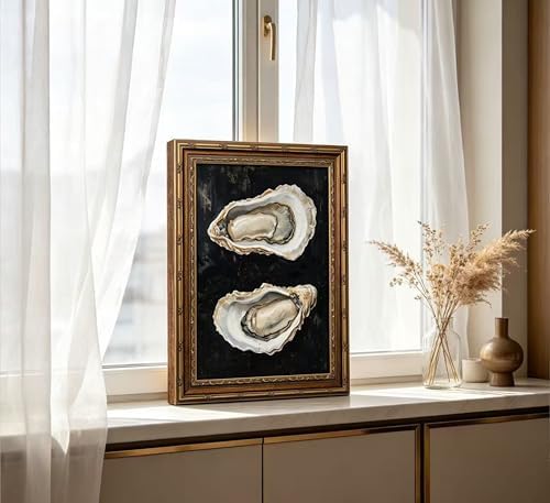 Vintage Gold Framed Oyster Wall Art Dark Moody Seafood Shell Shel Painting - Image 6