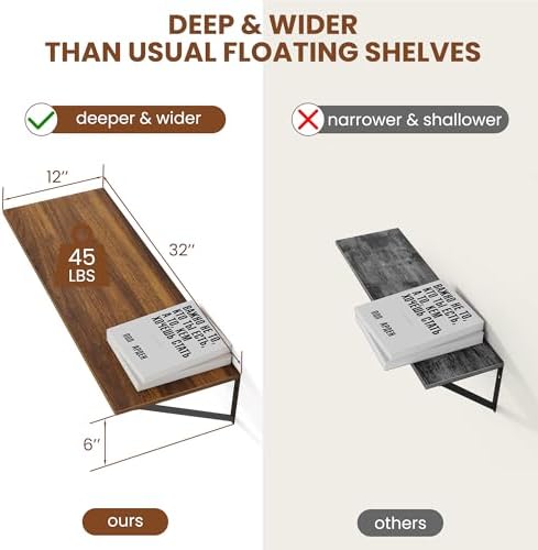 Heimlove 32W x 12D Deep Floating Shelves Set of 2 Walnut - Image 3