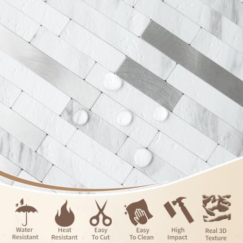 DICOFUN 20 Sheets White Peel and Stick Backsplash Tile, Faux Stone PVC Mixed - Image 3