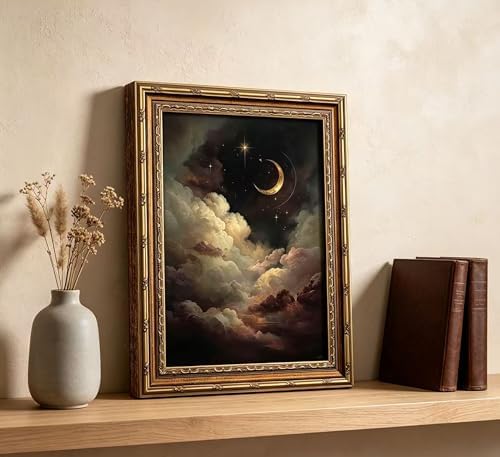 Vintage Gold Framed Celestial Wall Art, Moody Moon and Stars Gothic Painting - Image 4