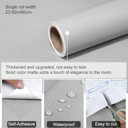 Grey Peel and Stick Wallpaper Solid Grey Contact Paper A Set of 23.6"x118" - Image 3