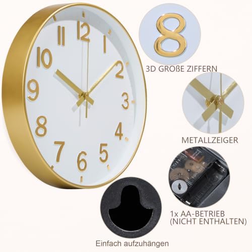 Gold Wall Clock, 8 Inch Wall Clocks Battery Operated, Round Modern Non Ticking - Image 6