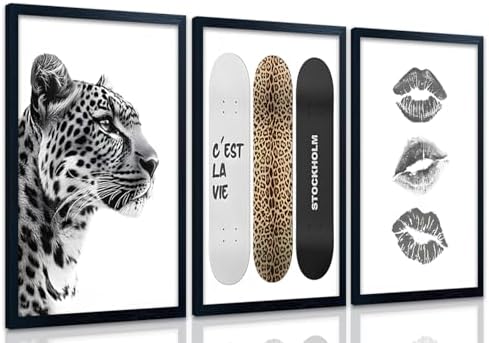 Framed Stockholm Style Canvas Wall Art Set of 3 Black and White Fashion Leopard by JBZDD