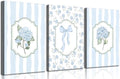 3Pcs Blue Hydrangea Canvas Wall Art Trendy Light Blue Striped Watercolor Bow by Zuowclli