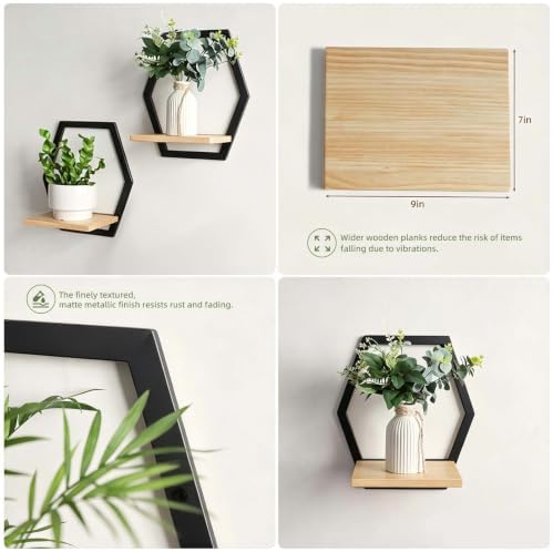 2 Pack Hexagon Wall Plant Stands, 9 Inch Wood Shelf Black - Image 5