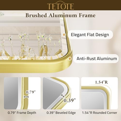 TETOTE Brushed Gold Mirror for Bathroom 22 x 30 Beveled Edge Tempered Glass - Image 3