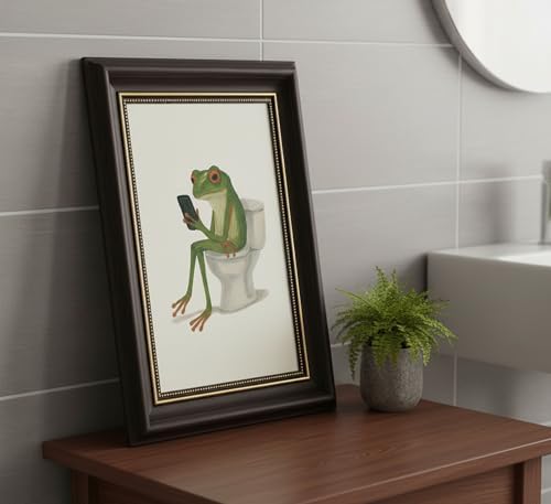Dark Brown Framed, Funny Frog Wall Art-Whimsical Frog on Toilet - Image 3