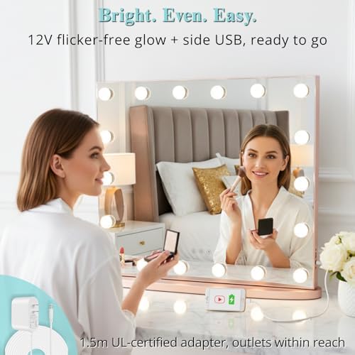 LUXFURNI Vanity Mirror with Lights, 23.6" Hollywood Makeup Mirror Rose Gold - Image 5