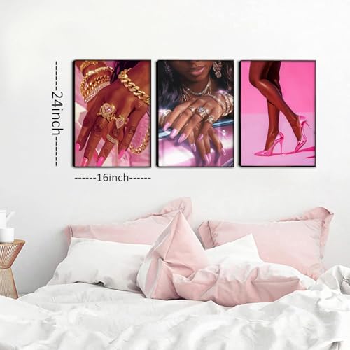 Pink Fashion Black Girl Canvas Wall Art Set of 3 African American Black Woman - Image 3