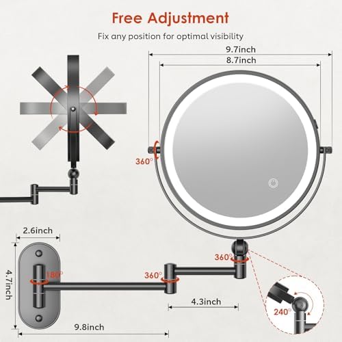 ZLOKLA 9" Wall Mounted Lighted Makeup Mirror, 4000mAh Rechargeable Double Sided - Image 6
