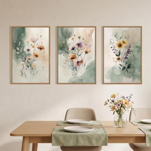 Large Vintage Wildflower Framed Canvas Wall Art, Rustic Watercolor Flowers Wall - Image 3