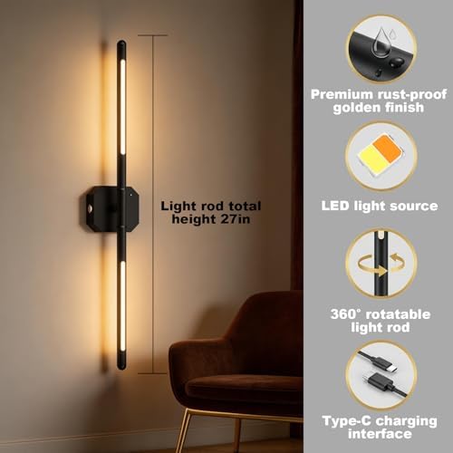 Rechargeable Wall Sconces, 2 Pack, 360° Dual Bars, 27-Inch Black - Image 2