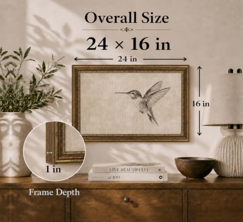 Gold Framed 3D Textured Wall Art, Vintage Sketch Hummingbird Canvas Prints - Image 4