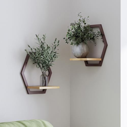 2 Pack Hexagon Wall Plant Stands, 9 Inch Wood Shelf Coffee by HomecourtyardsInterio