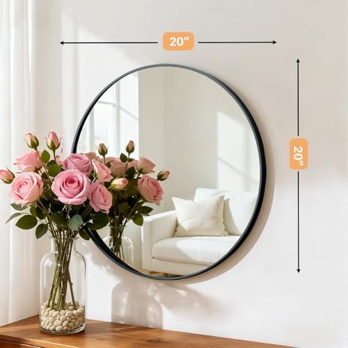 Bathroom Mirror for Wall, 20 Inch Round Mirror, Matte Black Metal Framed Circle - Image 3