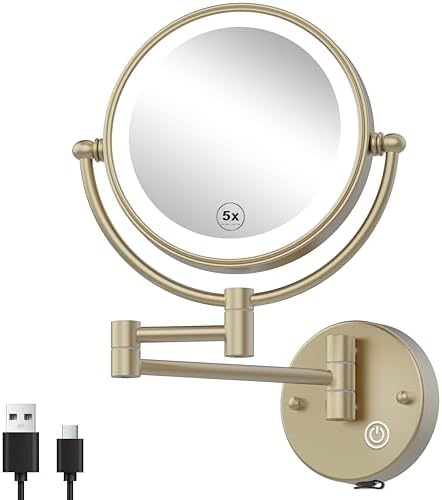 8" Rechargeable Brass Wall Mounted Magnifying Mirror by RECKODOR