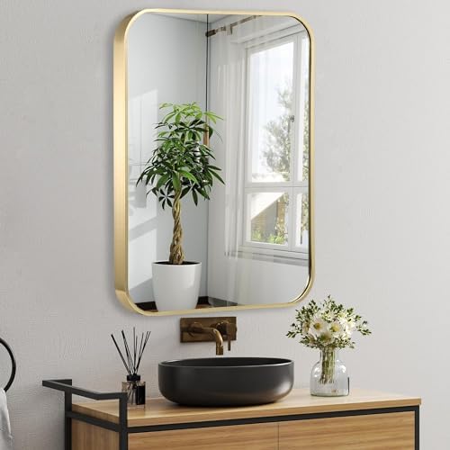 30x36 Inch Gold Bathroom Mirror, Brushed Brass Gold Metal Framed Rectangular - Image 2