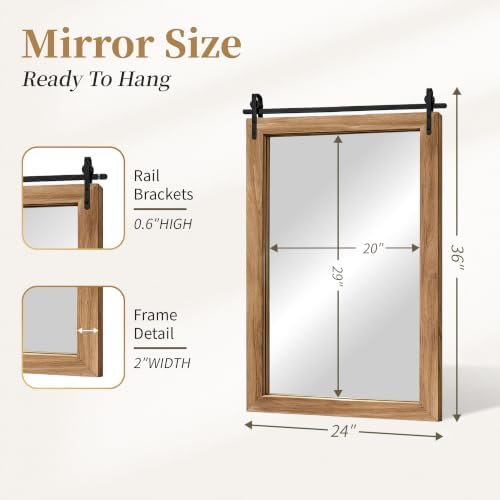Farmhouse Bathroom Vanity Mirror, 36”x 24” Wood Barn Door Mirror, Light Brown - Image 2